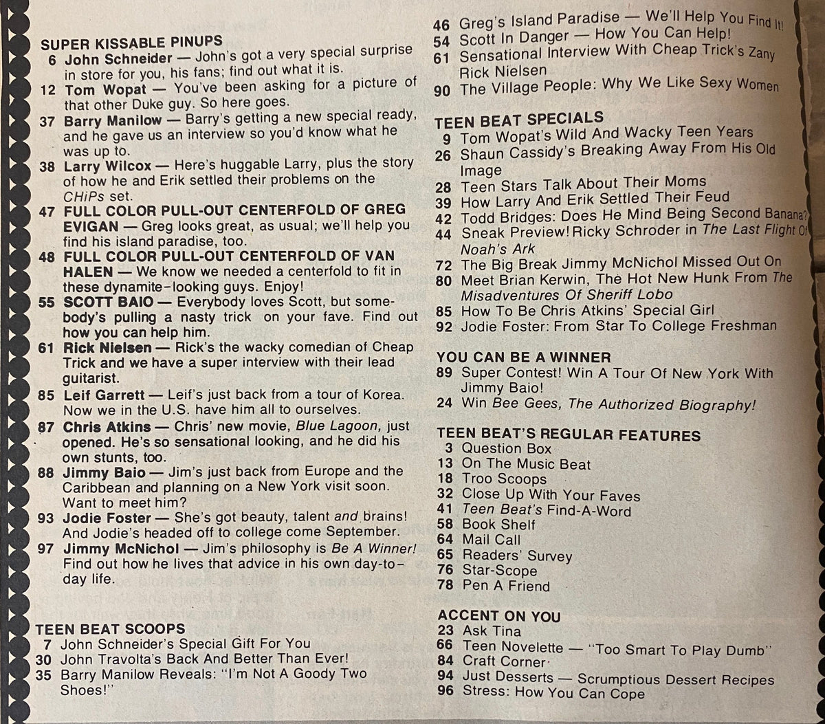 Inside contents page of Teen Beat Magazine September 1980 listing articles and features about John Schneider, Barry Manilow, and more 80s teen celebrities.