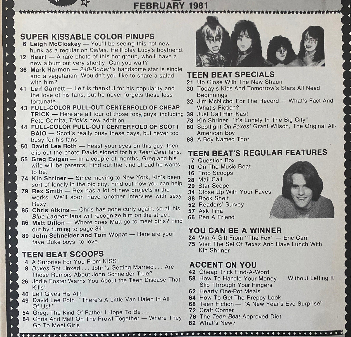 Inside spread of Teen Beat Magazine February 1981 showcasing pinups and articles about various celebrities.