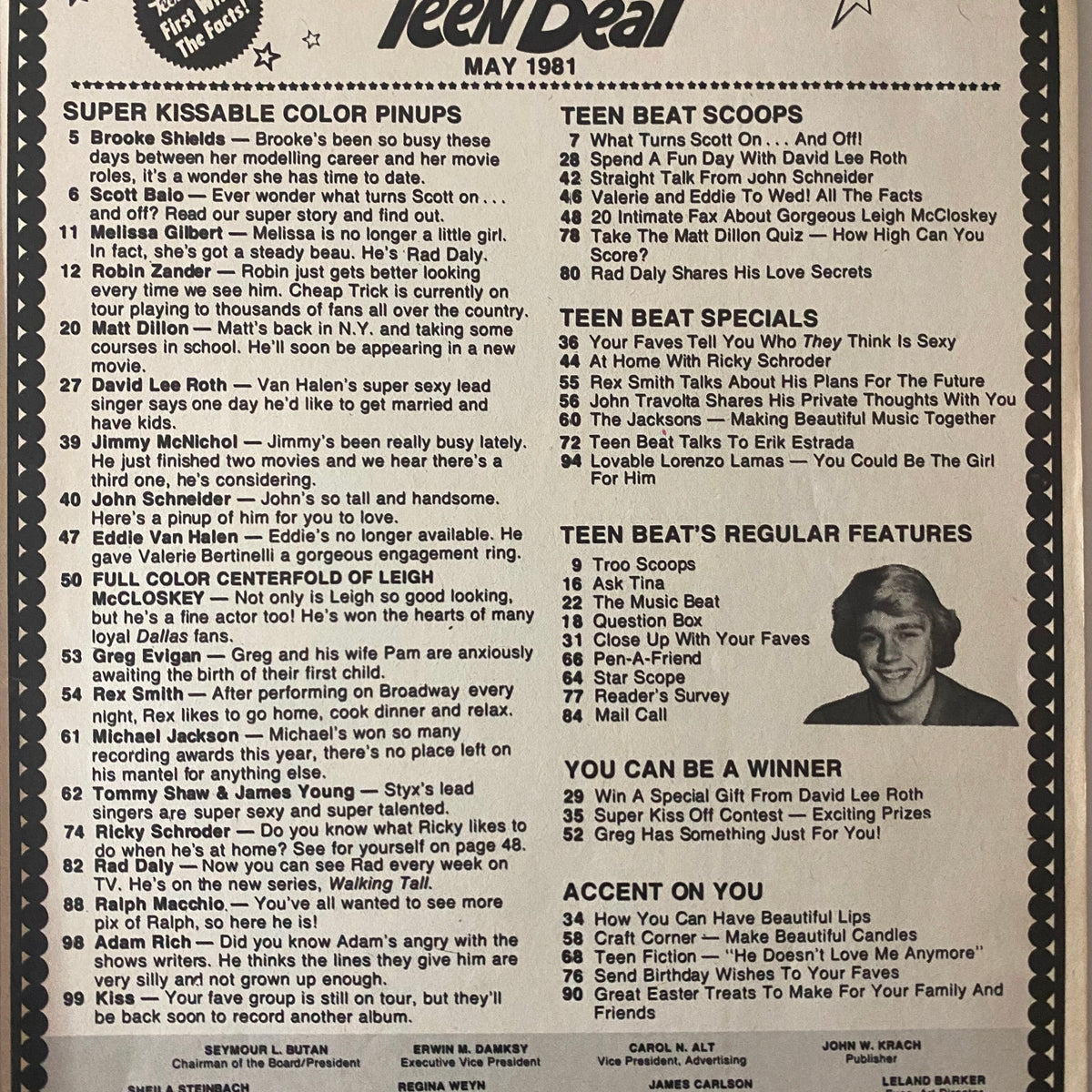 Teen Beat Magazine May 1981 featuring listings of celebrity pinups including Brooke Shields and Melissa Gilbert, showcasing exclusive interviews and pop culture highlights.