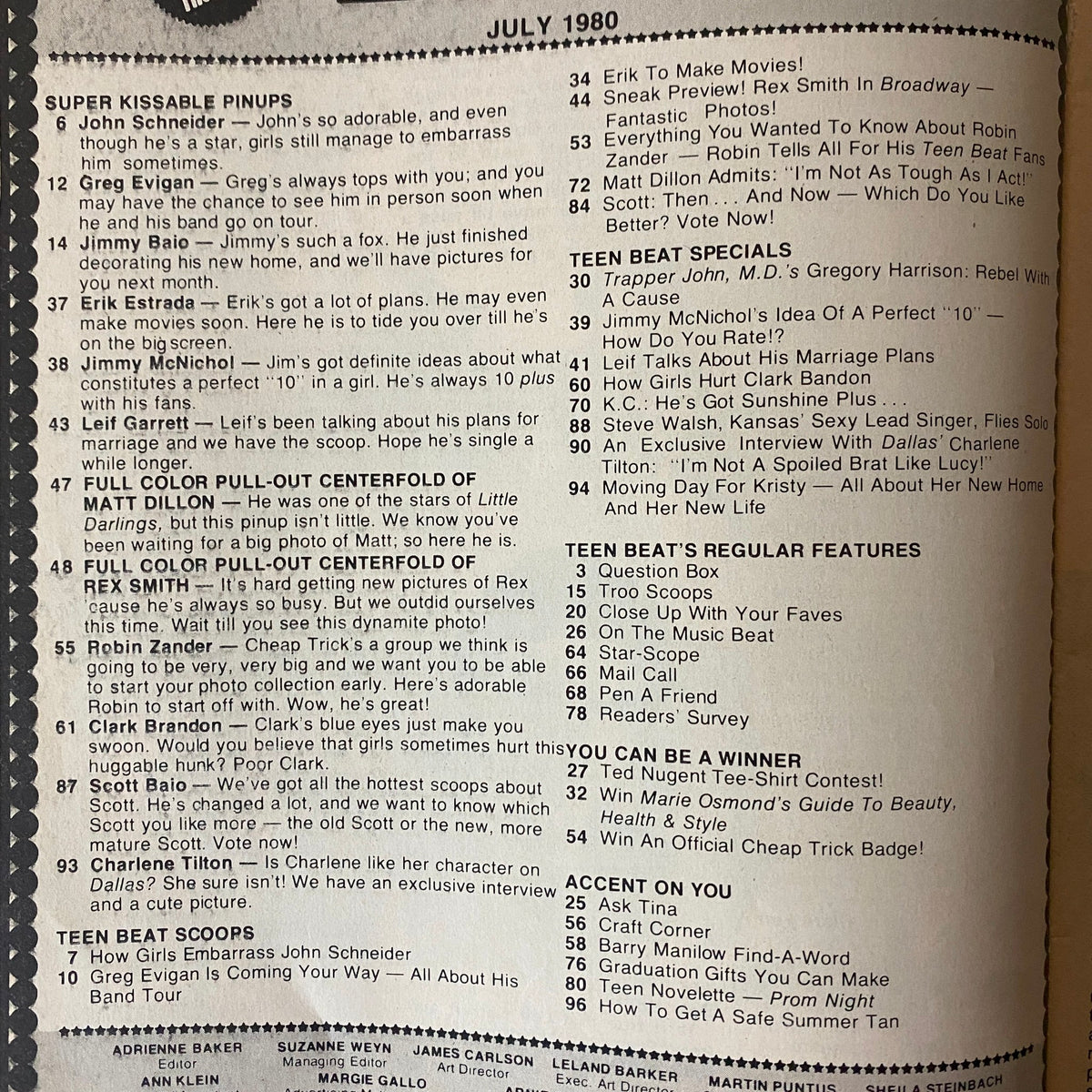 Teen Beat Magazine July 1980 interior page showcasing feature articles and pinups including Scott Baio and Matt Dillon.