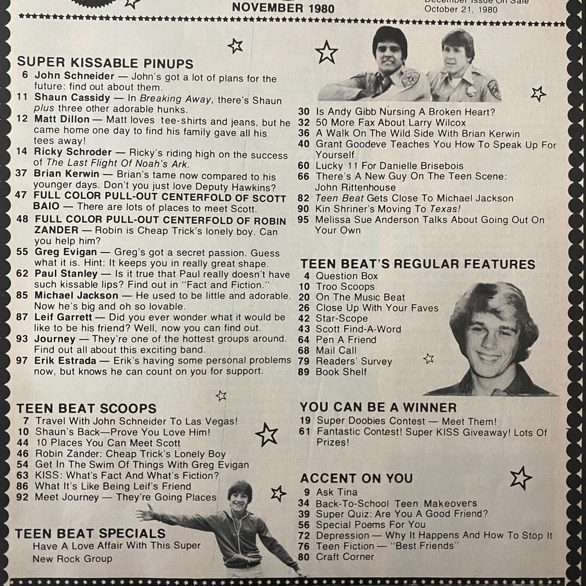 Teen Beat Magazine November 1980 article featuring celebrity pinups, including Scott Baio and Robin Zander, detailing exclusive interviews and pop culture highlights.