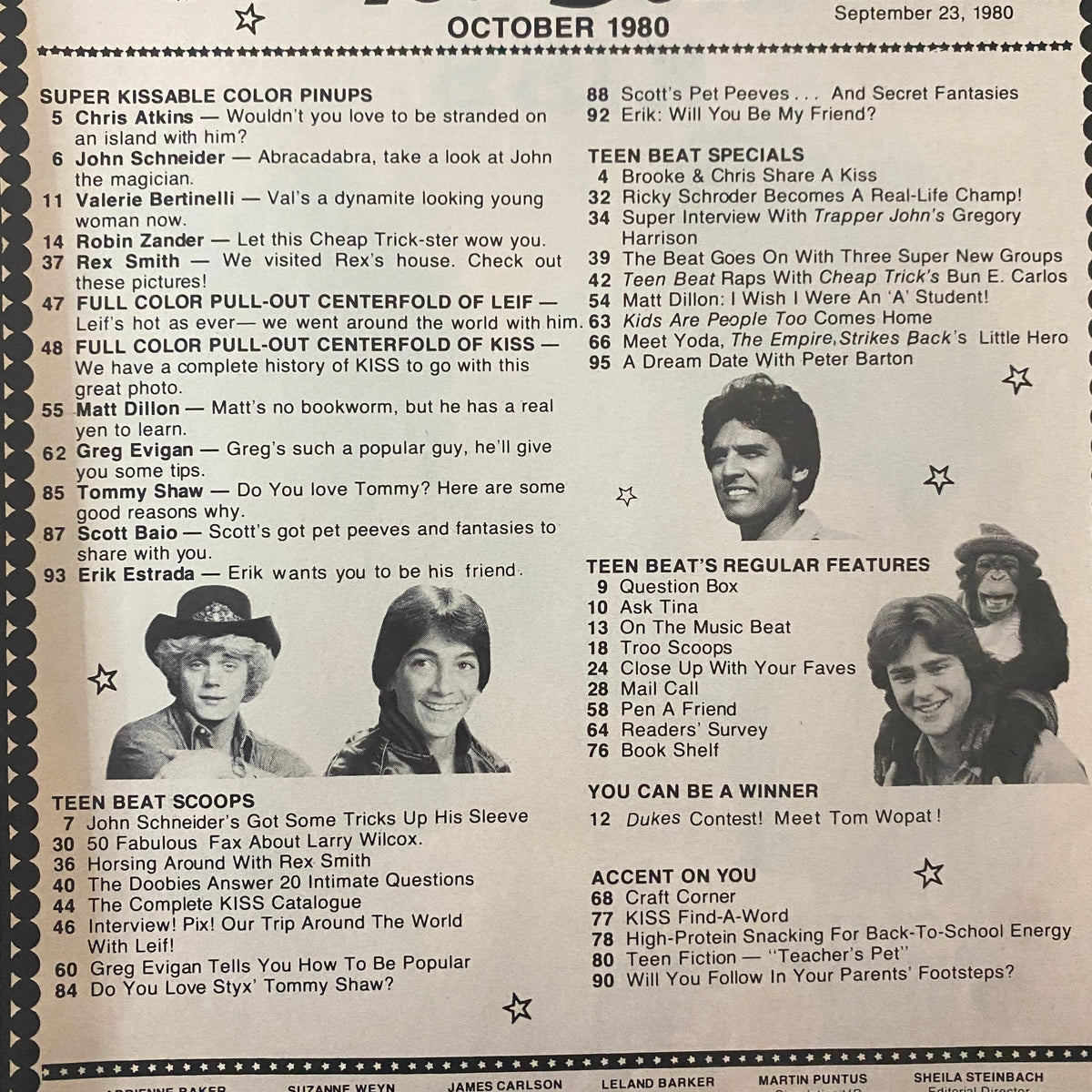 Page from Teen Beat Magazine October 1980 showing celebrity pin-ups and features including John Schneider and Leif Garrett.