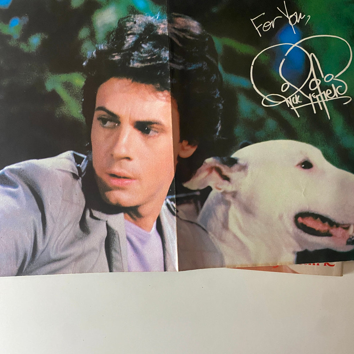 A dramatic portrait of actor Nick St. John looking thoughtful alongside a white dog, featured in Teen Beat Magazine October 1980. This nostalgic image highlights celebrity culture of the time.
