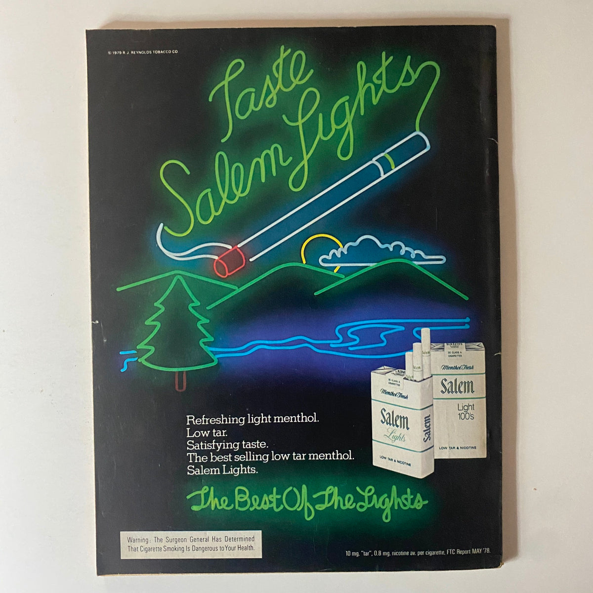 Back cover of Modern Screen Magazine May 1980 featuring a neon advertisement for Salem Lights cigarettes, promoting refreshing light menthol.
