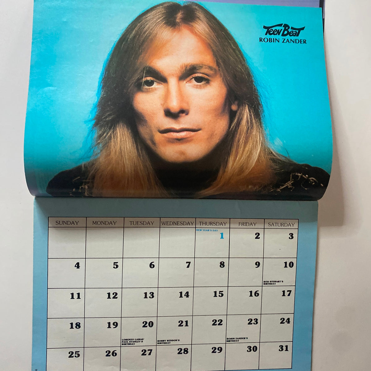 Teen Beat’s Calendar Magazine 1981 featuring Robin Zander, showcasing a striking portrait with a blue background and a monthly calendar layout.