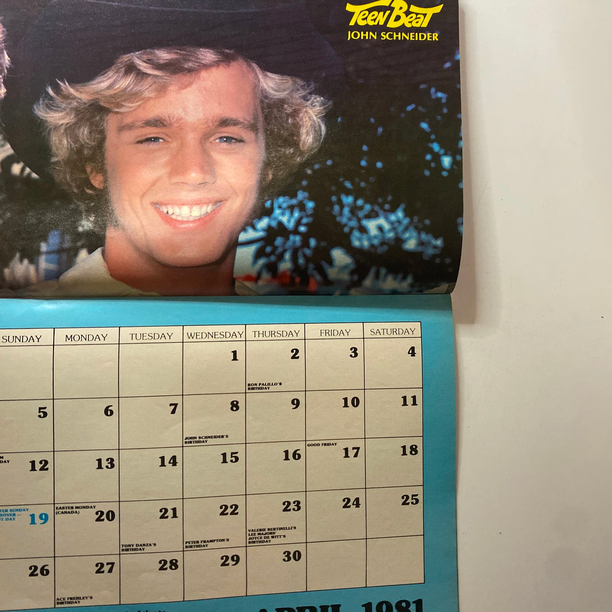 Teen Beat’s Calendar Magazine 1981 showcasing John Schneider, with a vibrant photo and an accompanying April calendar layout.