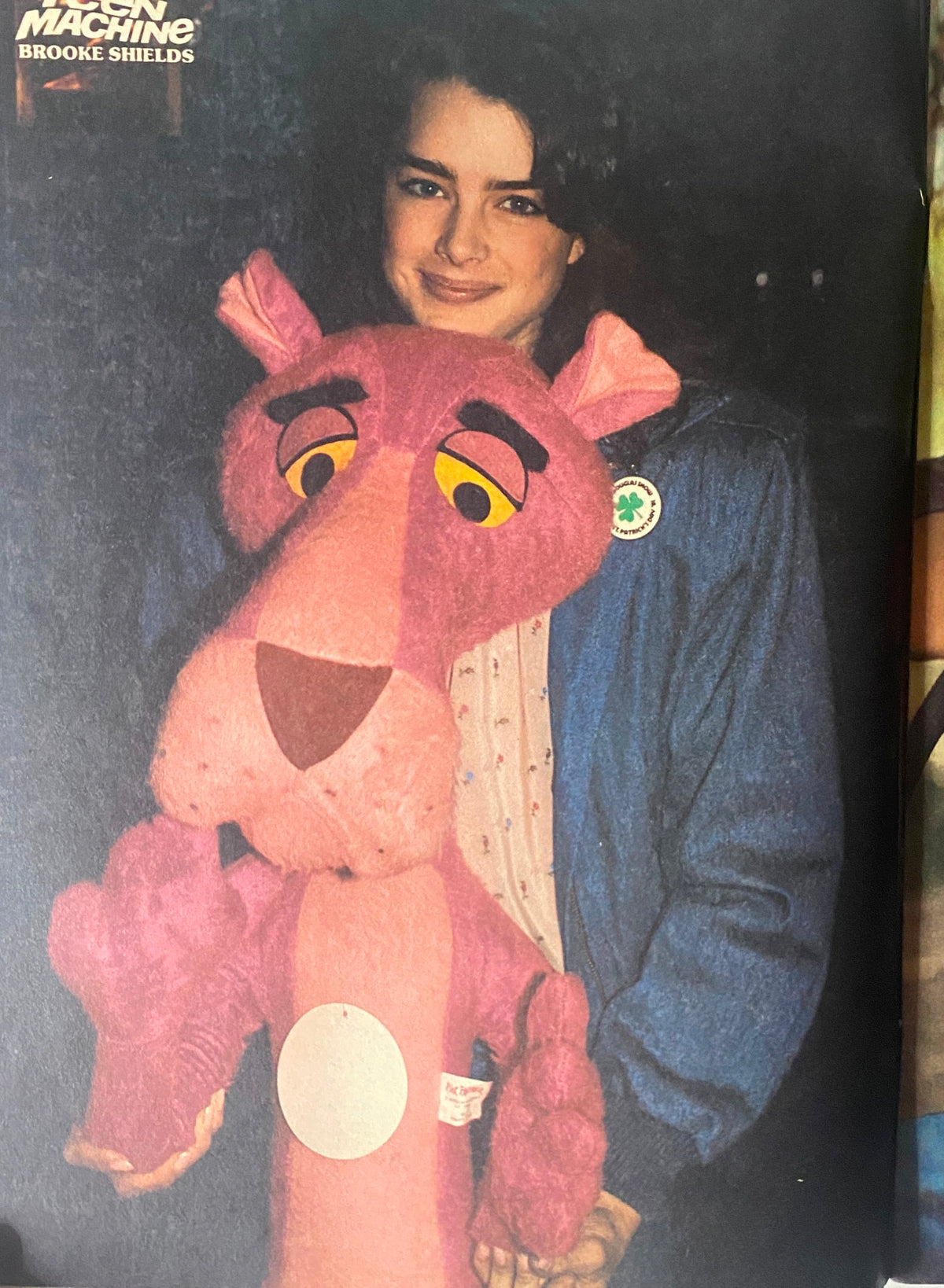 Brooke Shields holding a Pink Panther plush, featured in Teen Machine Magazine December 1981.