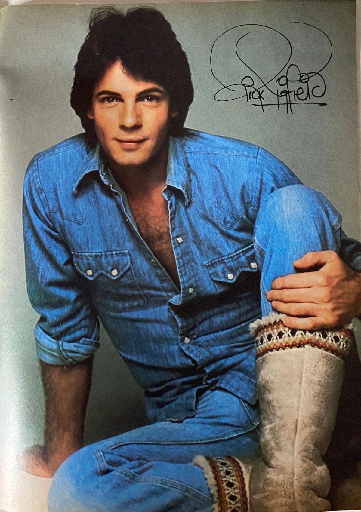 Stylish photo of Rick Springfield in denim attire, featured as a pinup in Teen Machine Magazine May 1982.