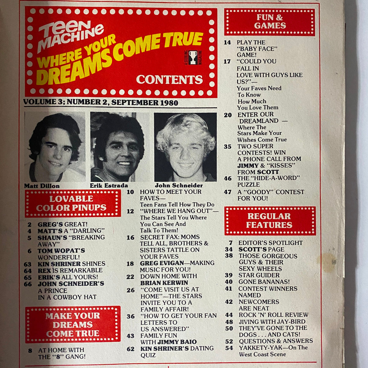 Contents page of Teen Machine Magazine September 1980 highlighting articles and features including Matt Dillon, Erik Estrada, and John Schneider.