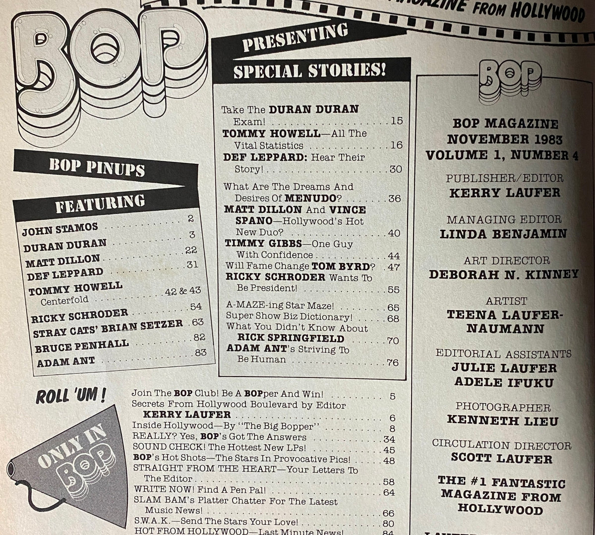 Table of contents from BOP Magazine November 1983 highlighting featured stories and pinups including Tommy Howell and John Stamos.