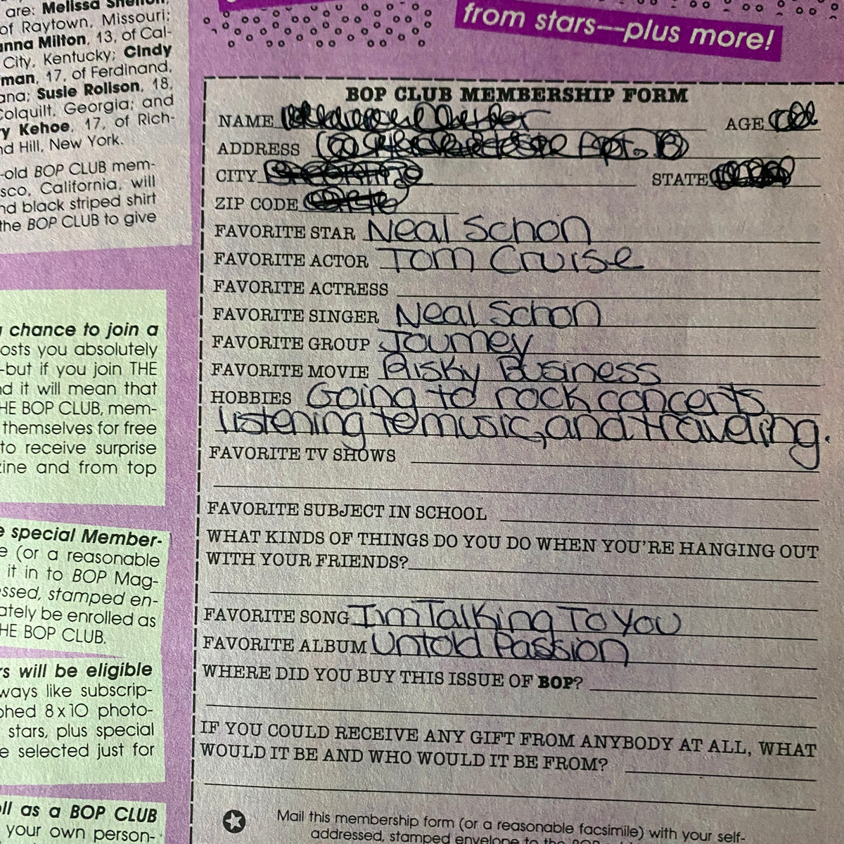 BOP Club membership form from November 1983 issue asking for favorite stars, actors, and hobbies.
