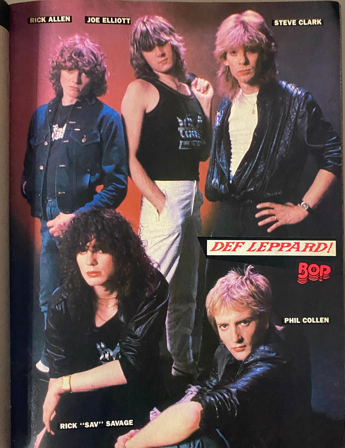 Page from BOP Magazine November 1983 featuring the rock band Def Leppard with individual member names highlighted.