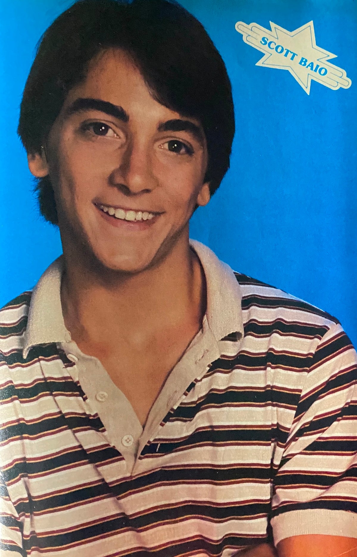 Scott Baio featured in SuperTeen: Teen Stars Fax & Pix No. 4, captured with a bright smile against a blue background, highlighting his popularity in the 1980s.