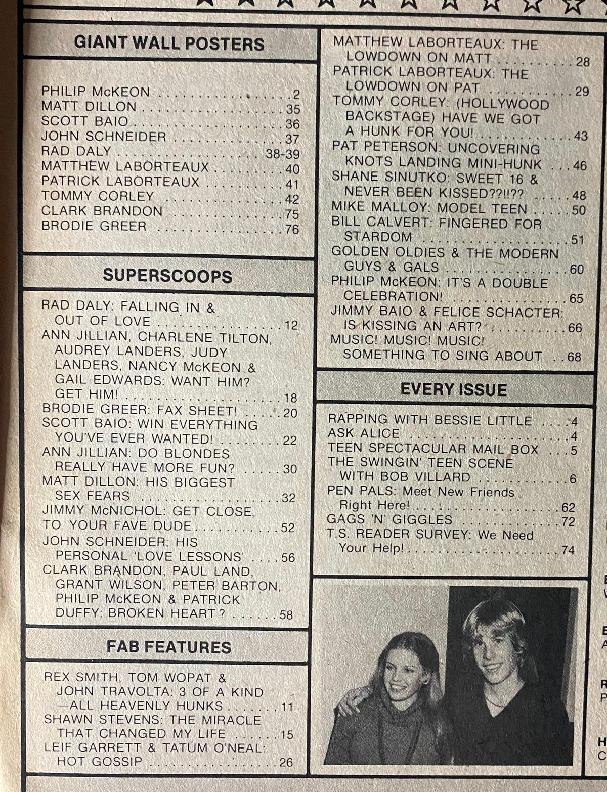 Table of contents page from Teen Spectacular Magazine July 1981, listing popular celebrities and features including Matt Dillon and Scott Baio.