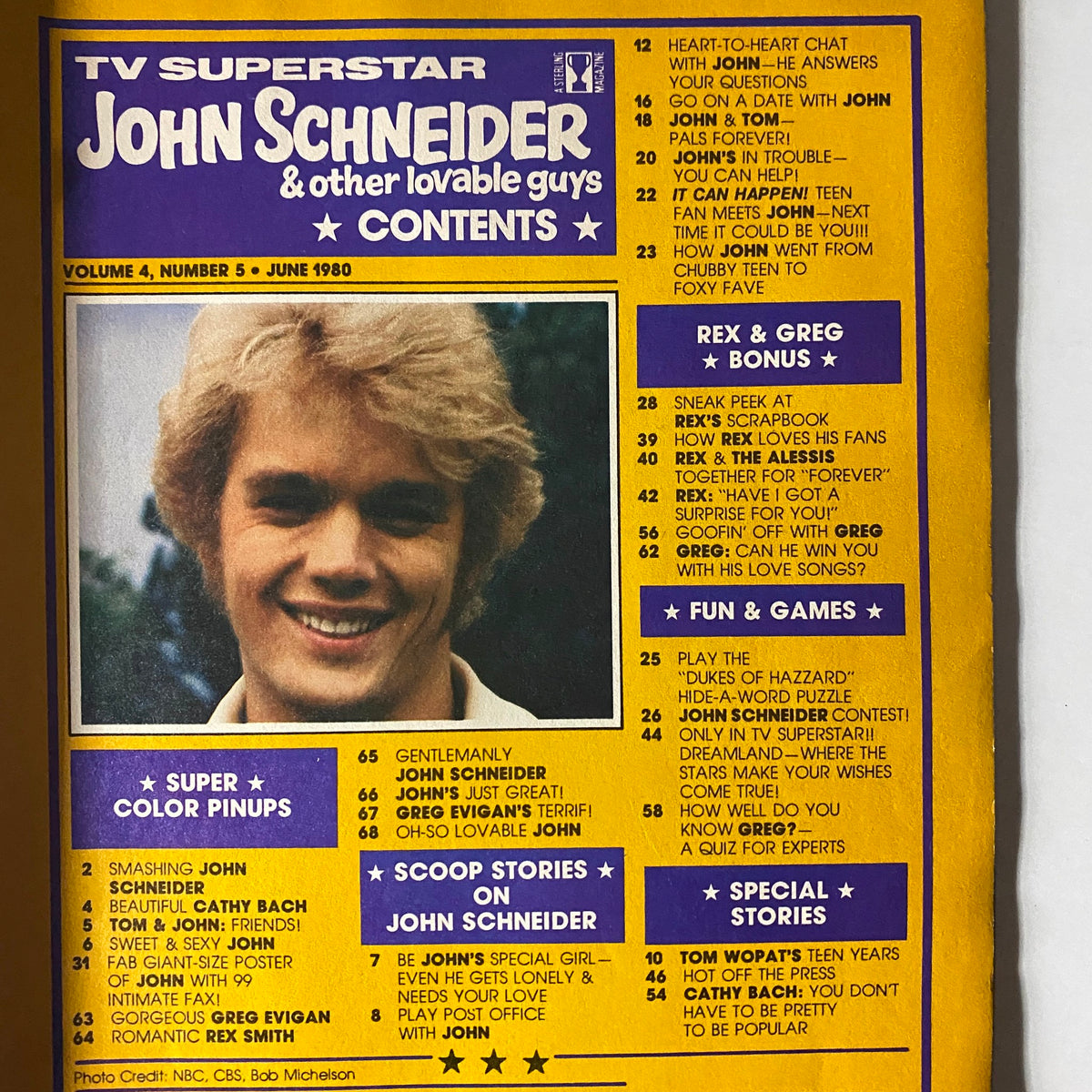 TV Superstar Magazine June 1980 featuring John Schneider, contents page highlighting articles and images related to popular TV stars.