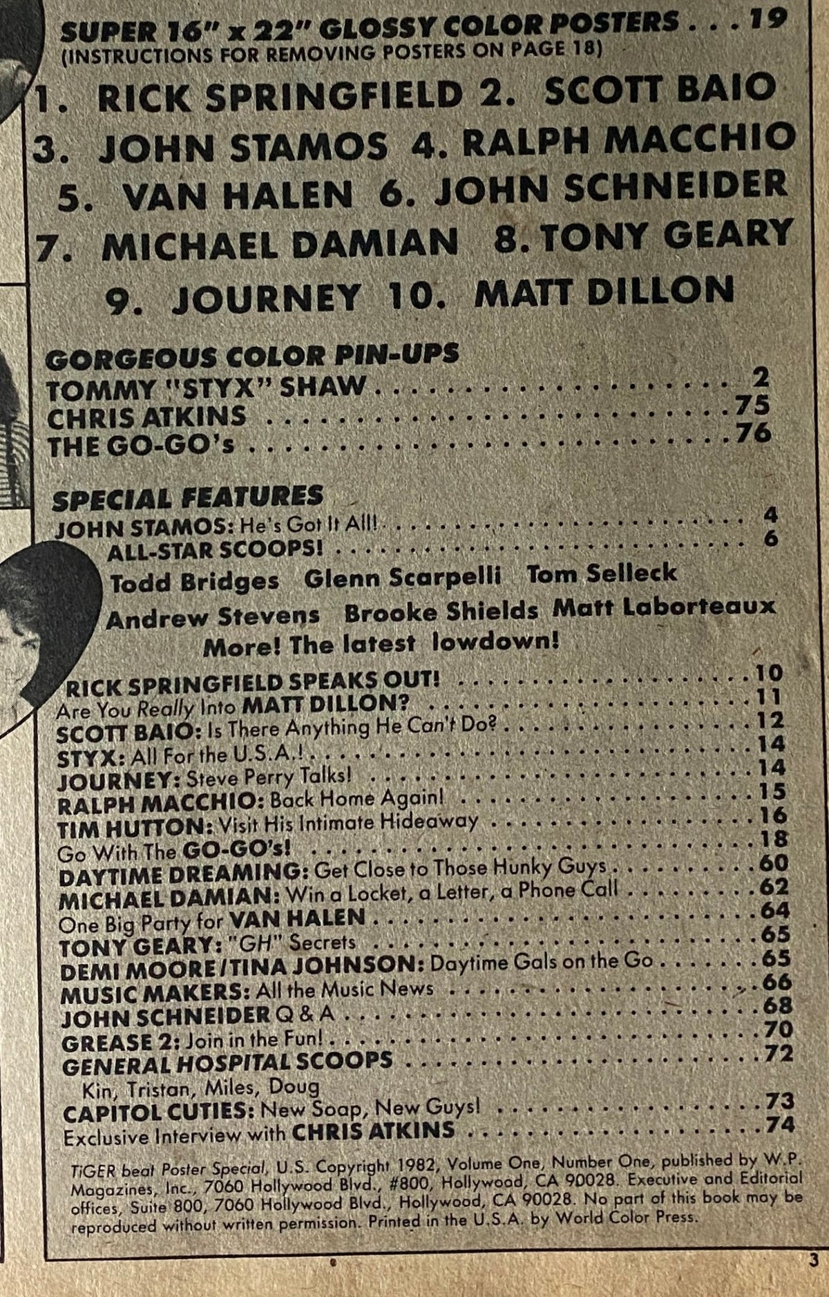 Table of contents from the Tiger Beat Poster Special Magazine 1982, listing popular celebrities and featured articles.