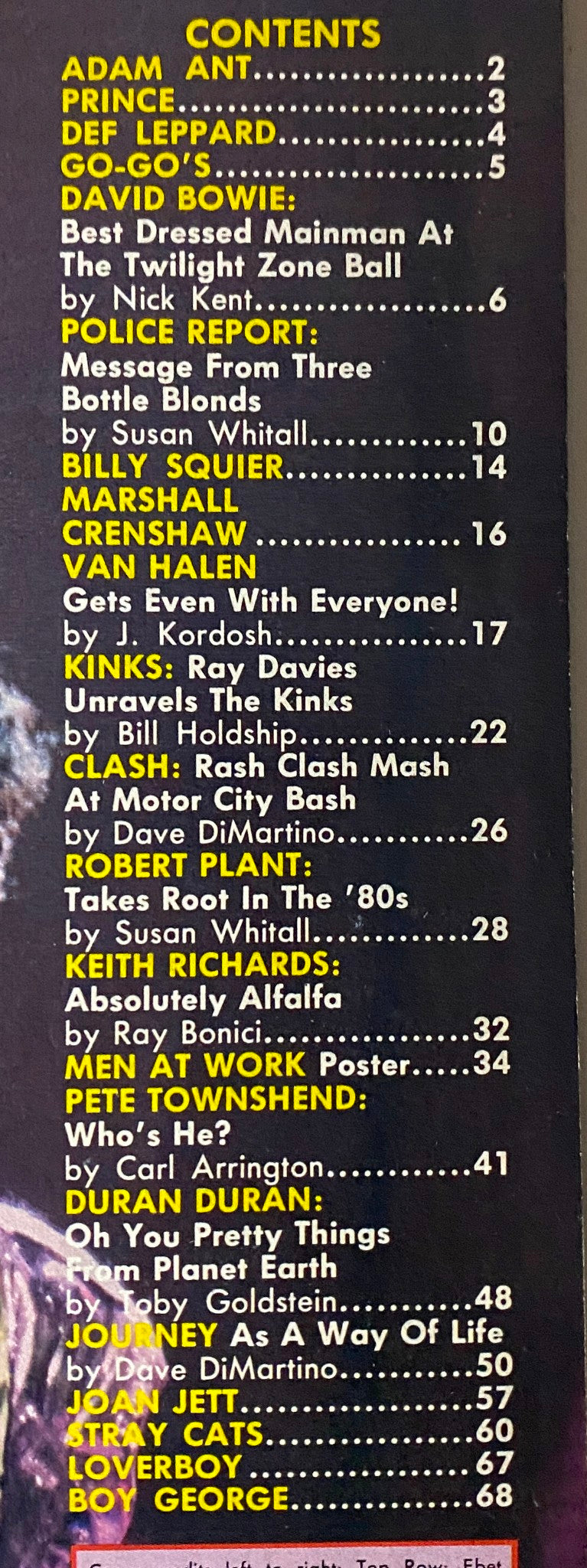 Table of contents from Creem Close-Up: Heavy 100, October 1983, listing features on musicians such as David Bowie, The Police, and Robert Plant.