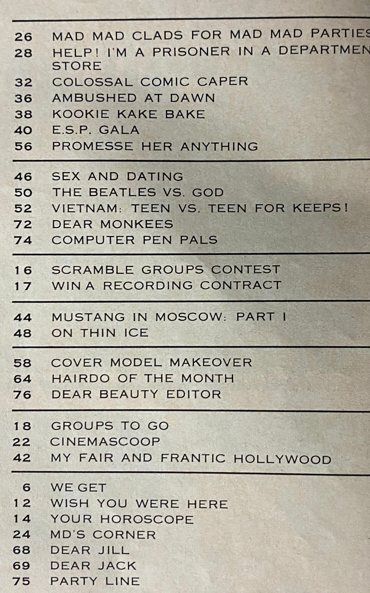 Inside page of Teen Magazine, November 1966, displaying the Table of Contents with articles like 'Sex and Dating' and 'Vietnam: Teen vs. Teen for Keeps'.