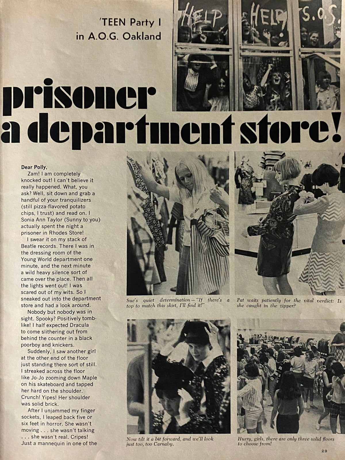 Page from Teen Magazine, November 1966, depicting a playful article titled 'Prisoner in a Department Store' with teenage girls at a party and a humorous storyline.