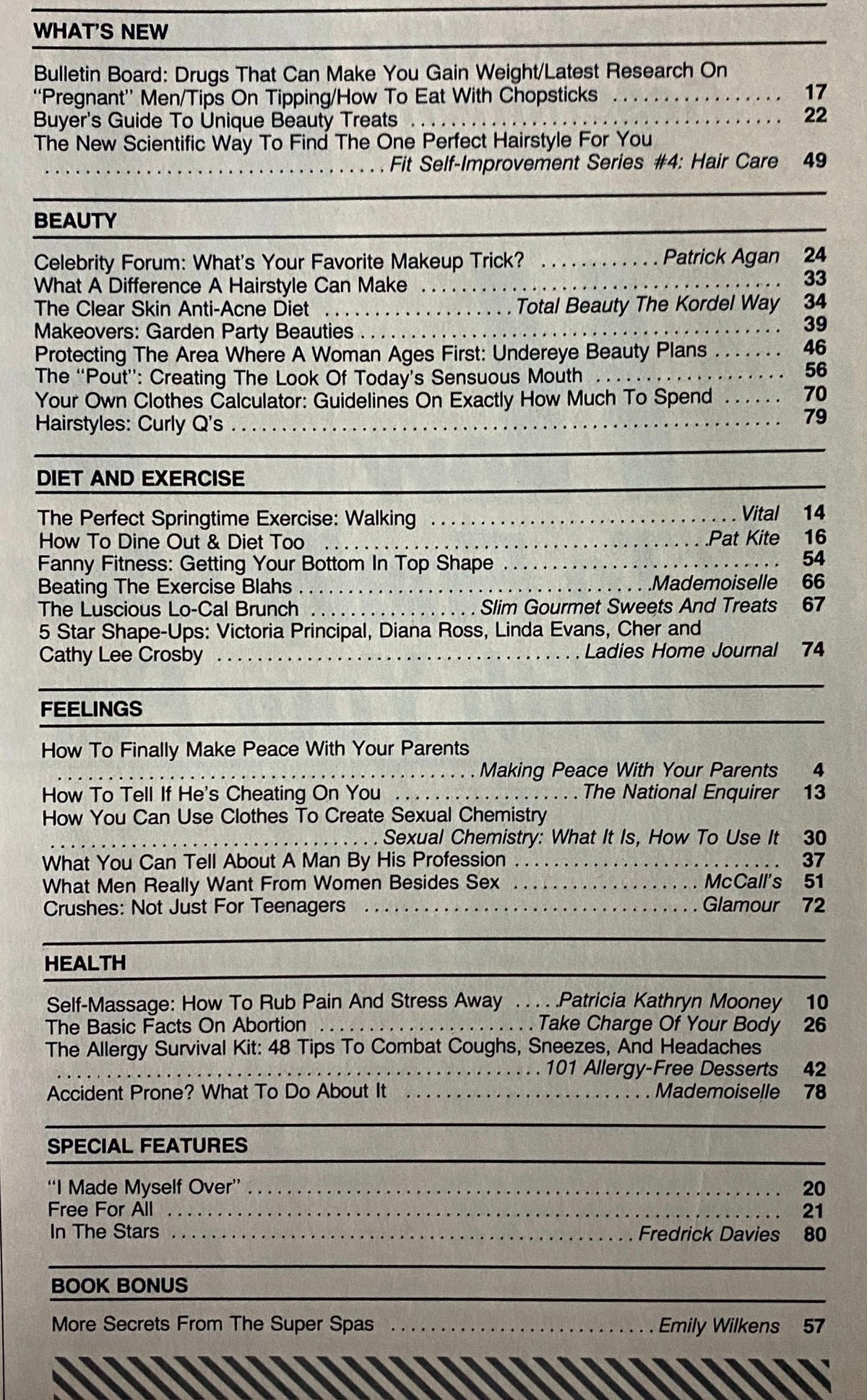 Table of contents for the May 1984 issue of Beauty Digest Magazine, highlighting features on beauty tips, diet, and exercise.