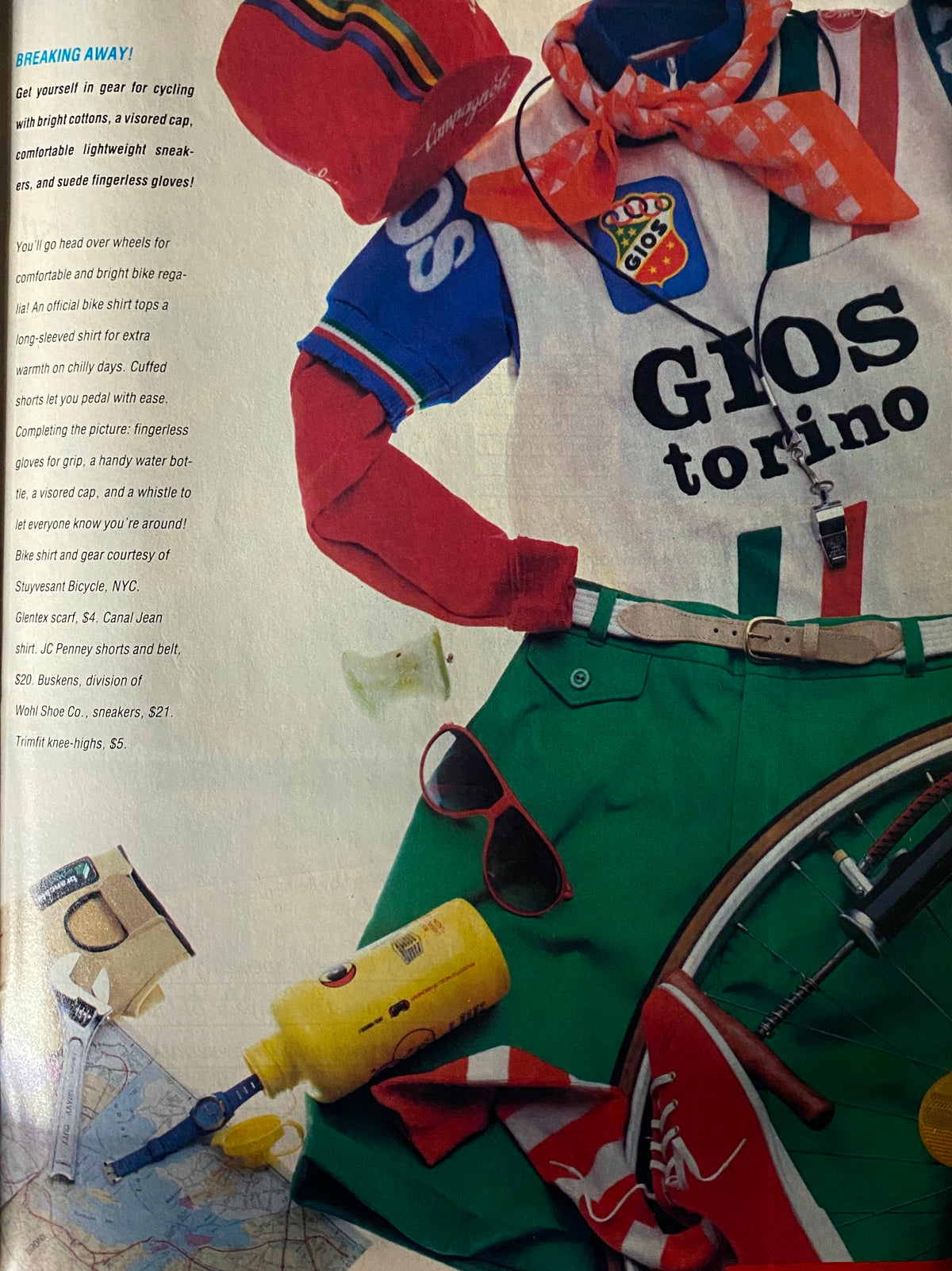 Young Miss Magazine May 1983 - A colorful display of 1980s cycling fashion featuring a visored cap, a bright bike shirt, shorts, and accessories like fingerless gloves, sunglasses, and a water bottle.