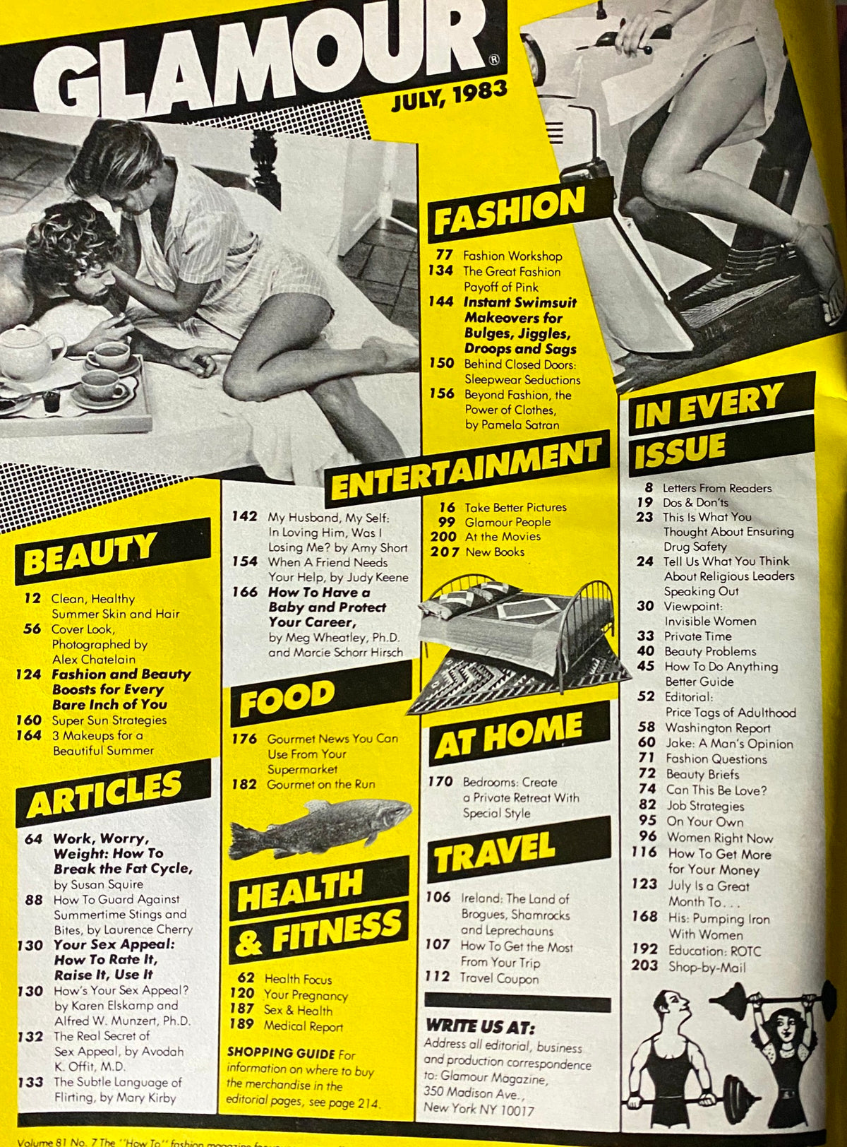 Table of contents from Glamour Magazine July 1983, showcasing articles on fashion, beauty, and health for the summer issue.