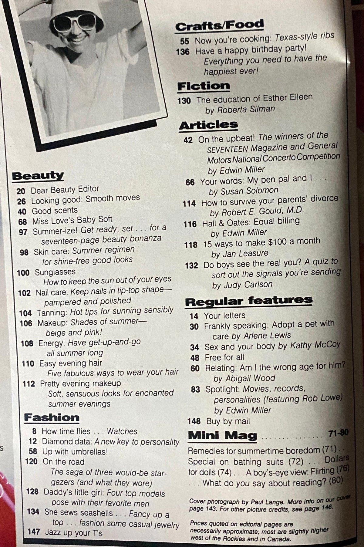 Seventeen Magazine June 1983 page showcasing the table of contents with various beauty, fashion, and lifestyle articles for teenagers.