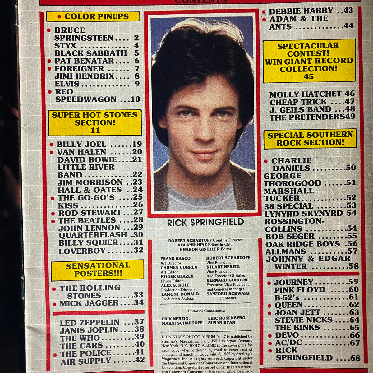 Rock Stars Photo Album No. 7 1982 contents page featuring Rick Springfield and listings of iconic rock bands.