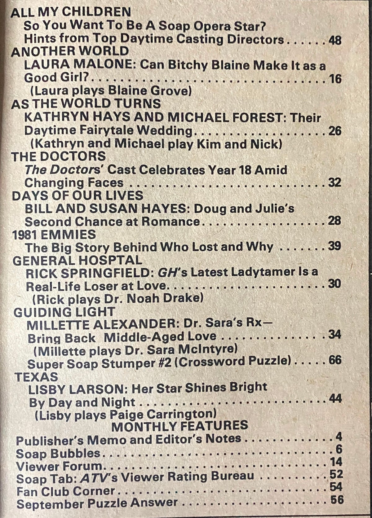 Table of contents from Afternoon TV Magazine October 1981, listing articles and features on various soap operas and stars, including Laura Malone and Rick Springfield.