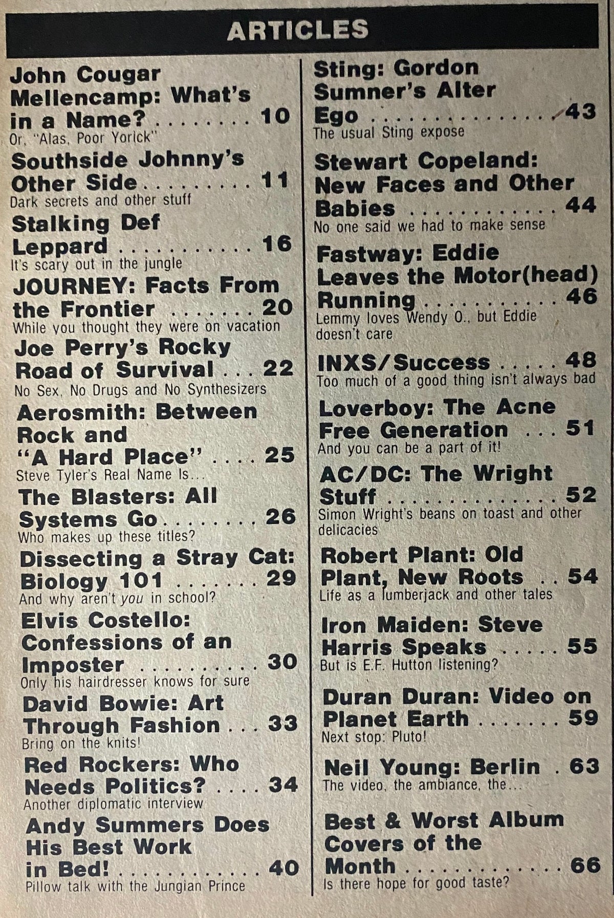 Contents page of Rock World Magazine May 1984, listing articles including features on John Cougar Mellencamp, Sting, and Stewart Copeland.