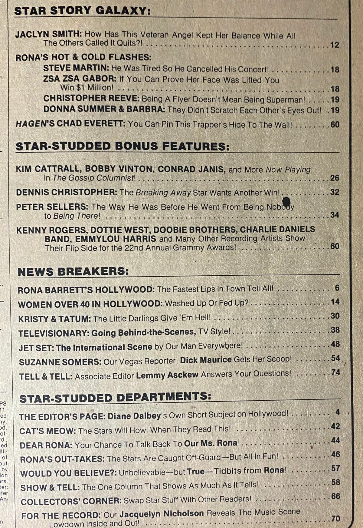 Interior page of Rona Barrett's Hollywood Magazine July 1980, listing features including articles about Jaclyn Smith, Steve Martin, and Zsa Zsa Gabor.