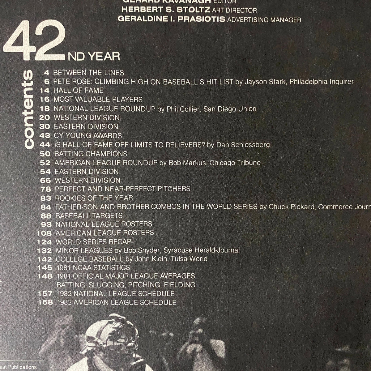 Contents page of the 1982 Street and Smith's Official Yearbook Baseball, outlining featured articles and player profiles, including Pete Rose and Rich Gossage.