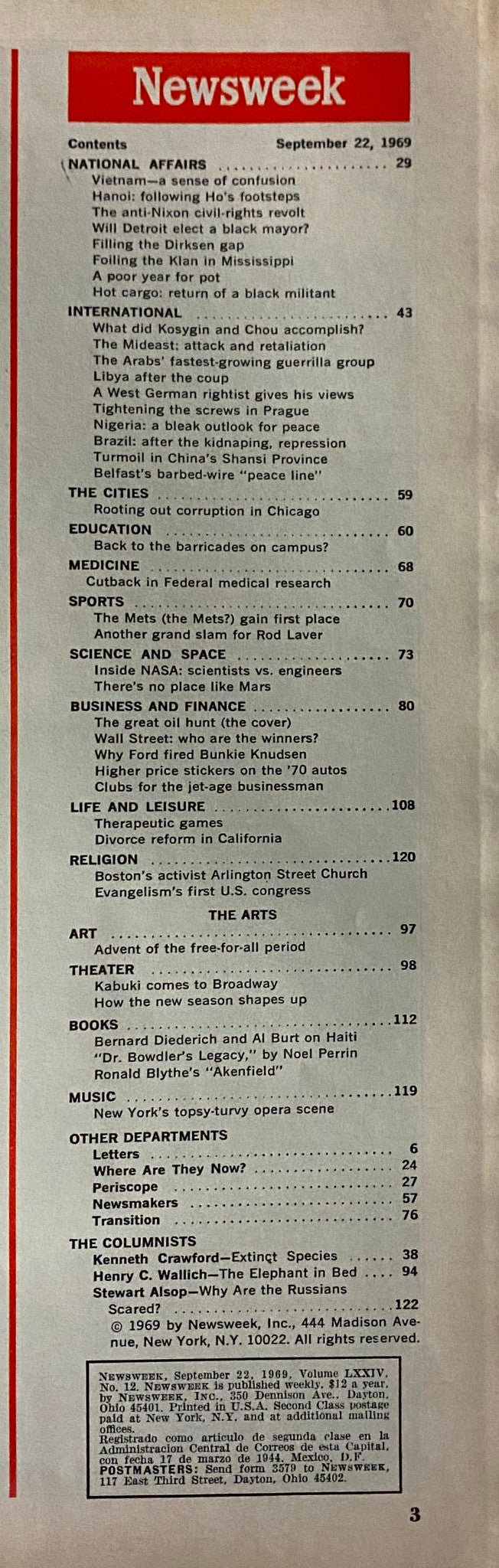 Contents page of Newsweek Magazine from September 22, 1969, highlighting articles including 'The Great Oil Hunt' and national affairs topics.