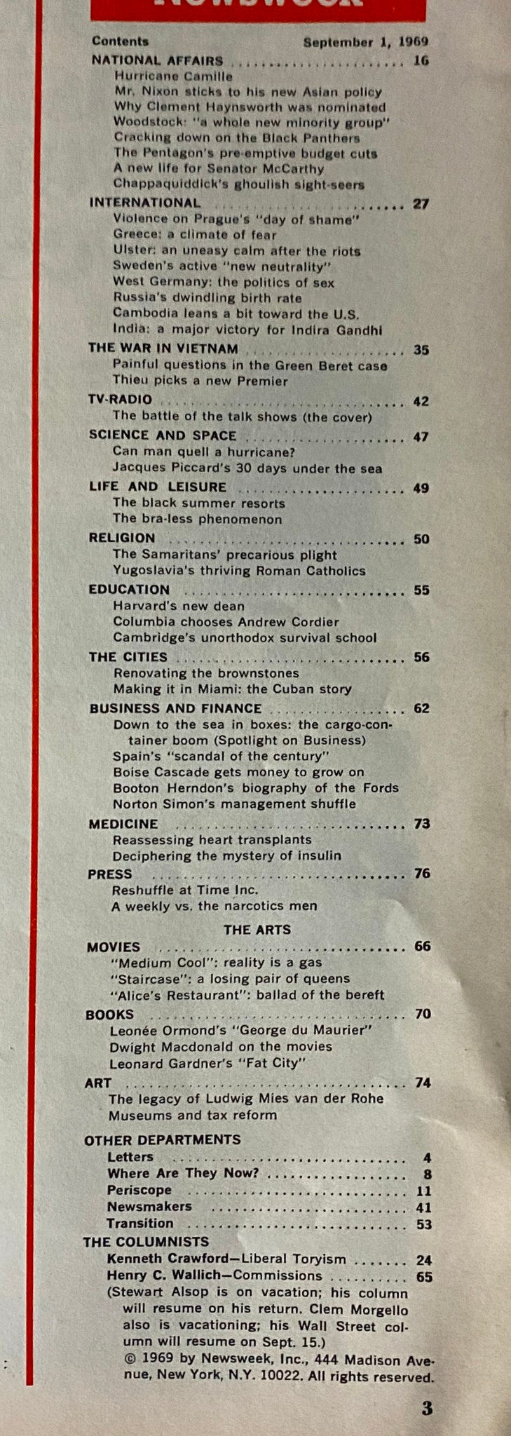 Table of contents for Newsweek Magazine September 1, 1969 showing features on National Affairs, Vietnam War, and TV shows.