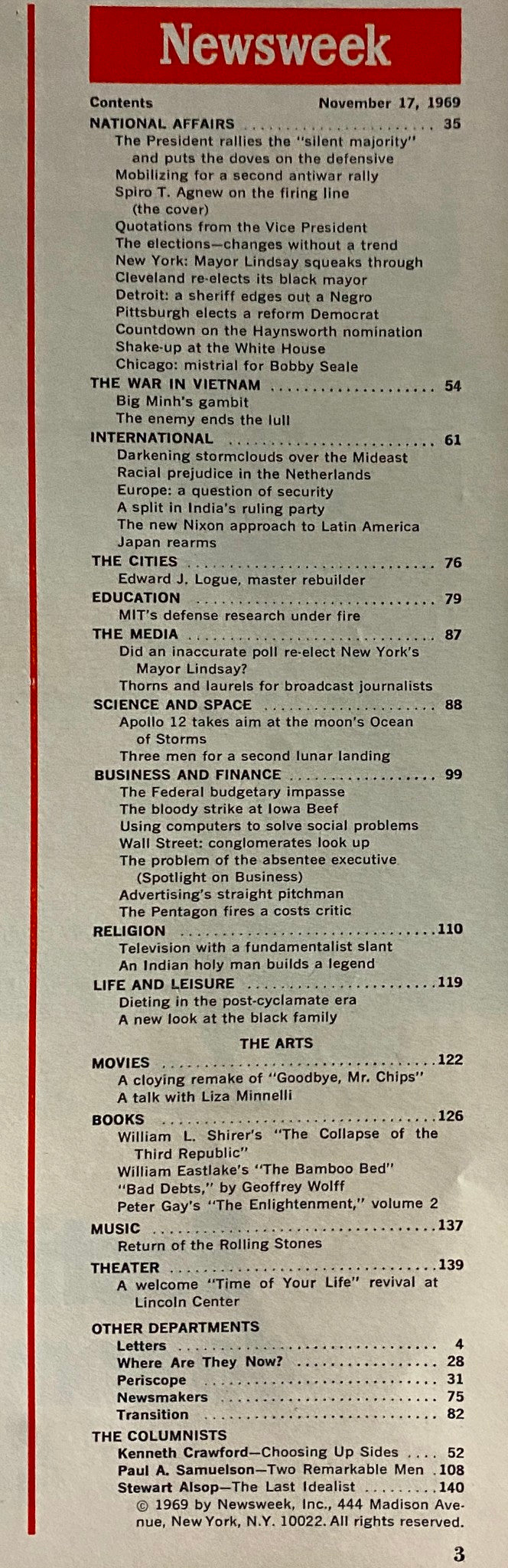 Table of contents for Newsweek Magazine, November 17, 1969, listing articles and topics including Spiro Agnew and the Vietnam War.