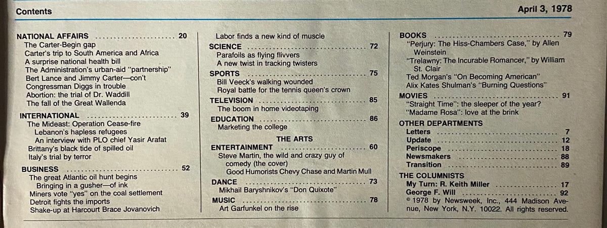 Contents page of Newsweek Magazine April 3, 1978, summarizing articles including Steve Martin's influence in comedy and national affairs such as the Carter-Begin gap.