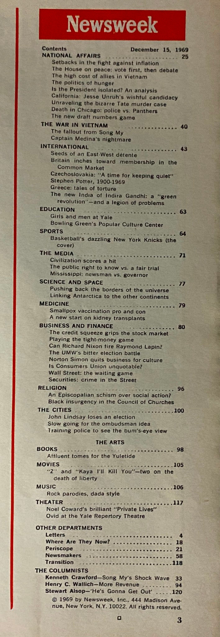 Contents page of Newsweek Magazine dated December 15, 1969, highlighting articles on national affairs, the Vietnam War, and the New York Knicks.