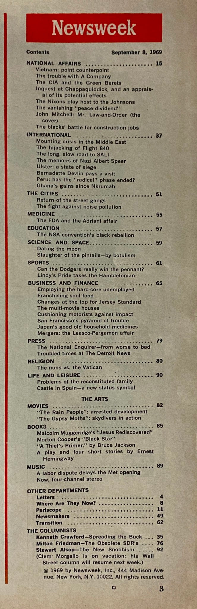 Table of contents from Newsweek Magazine September 8, 1969, featuring various articles including the profile of Attorney General John Mitchell.