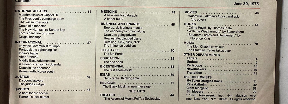 Table of contents page from Newsweek Magazine, June 30, 1975, detailing articles on national affairs, international issues, and the film 'Nashville'.