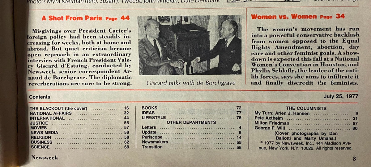 Interior page from Newsweek Magazine July 25, 1977, outlining key articles including 'A Shot From Paris' discussing President Carter's foreign policy and 'Women vs. Women' covering the conservative backlash against feminism.
