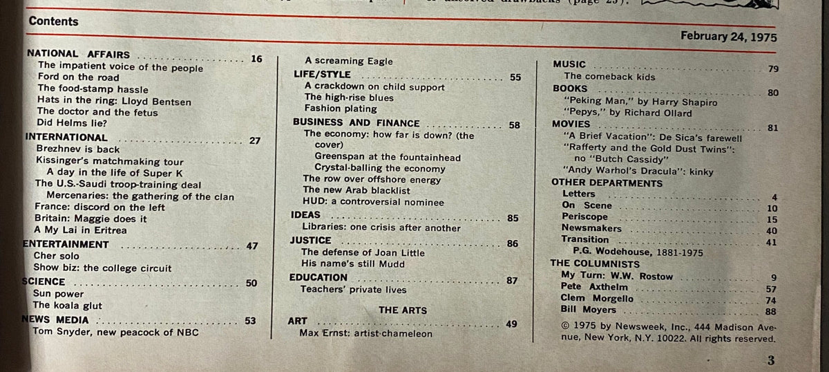 Contents page of Newsweek Magazine February 24, 1975 featuring articles on national and international affairs, business, and entertainment.