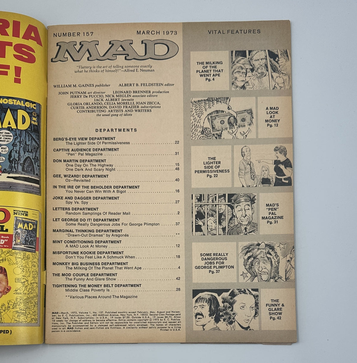 Table of contents for MAD Magazine No. 157 from March 1973, listing articles and departments including 'The Milking of the Planet That Went Ape' and 'Spy Vs. Spy'.