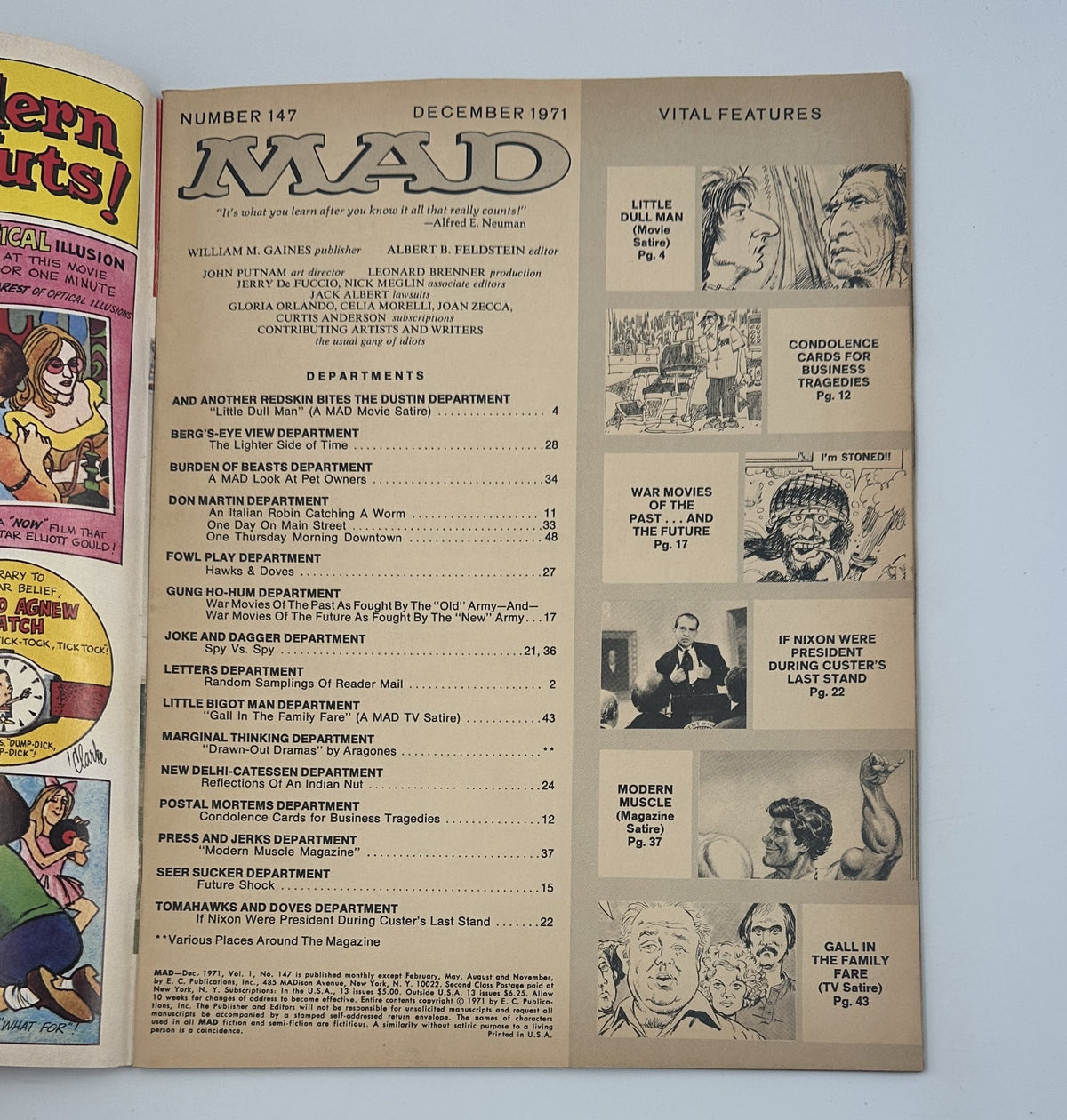 Inside page of MAD Magazine No. 147, December 1971, detailing the Table of Contents and various departments with comedic titles.