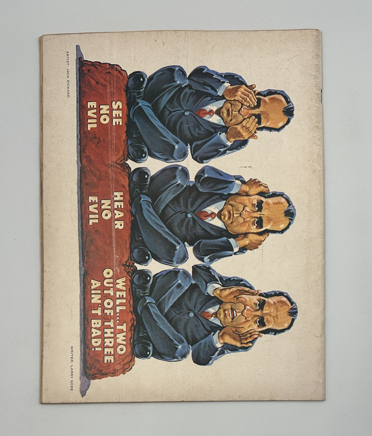 Back cover of MAD Magazine No. 147, December 1971, featuring a humorous depiction of three leaders with the phrase 'SEE NO EVIL, HEAR NO EVIL, SPEAK NO EVIL'.