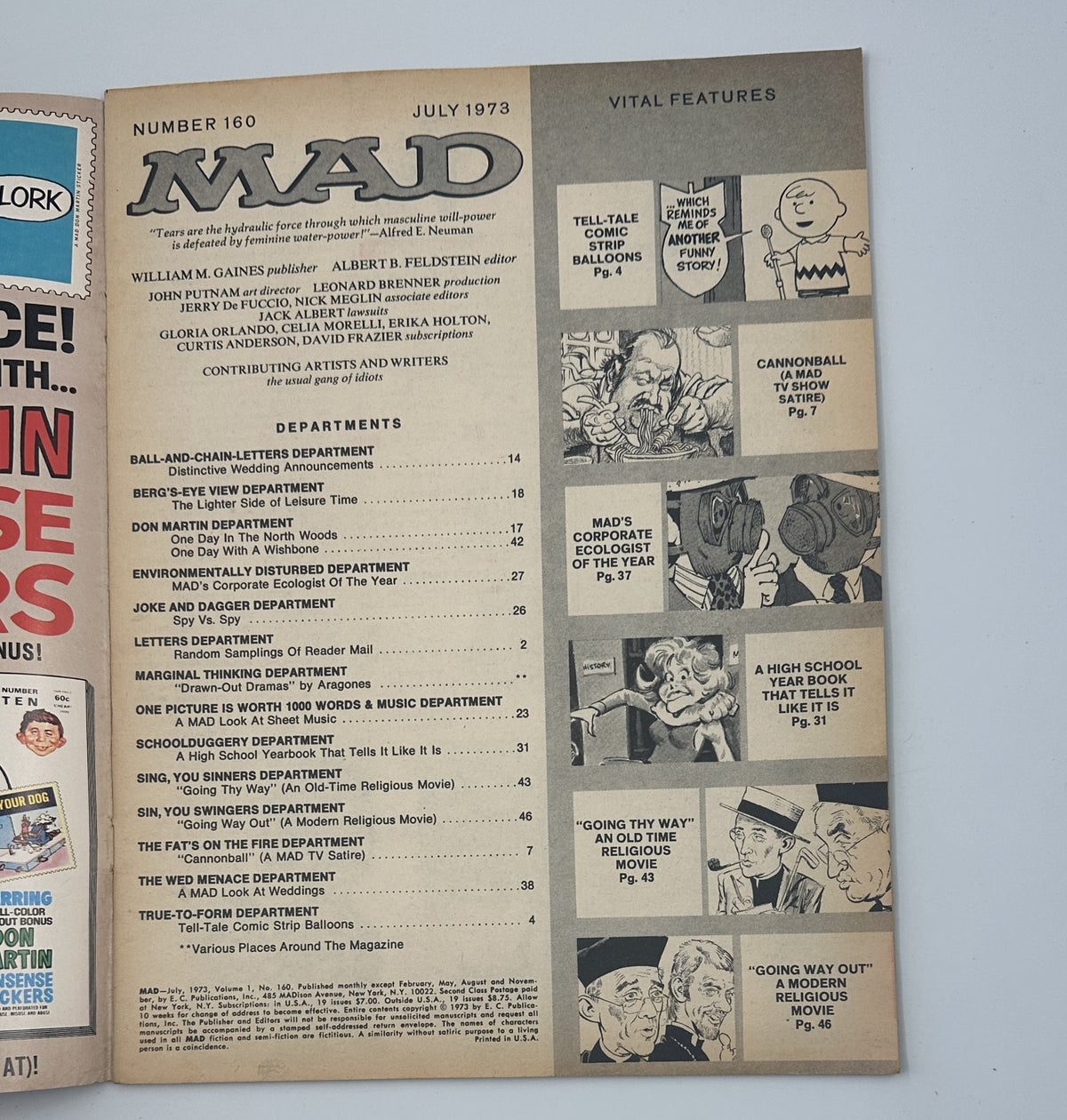 MAD Magazine No. 160 July 1973 cover featuring various department highlights and unique illustrations, categorized under TV satire, with the title prominently displayed.