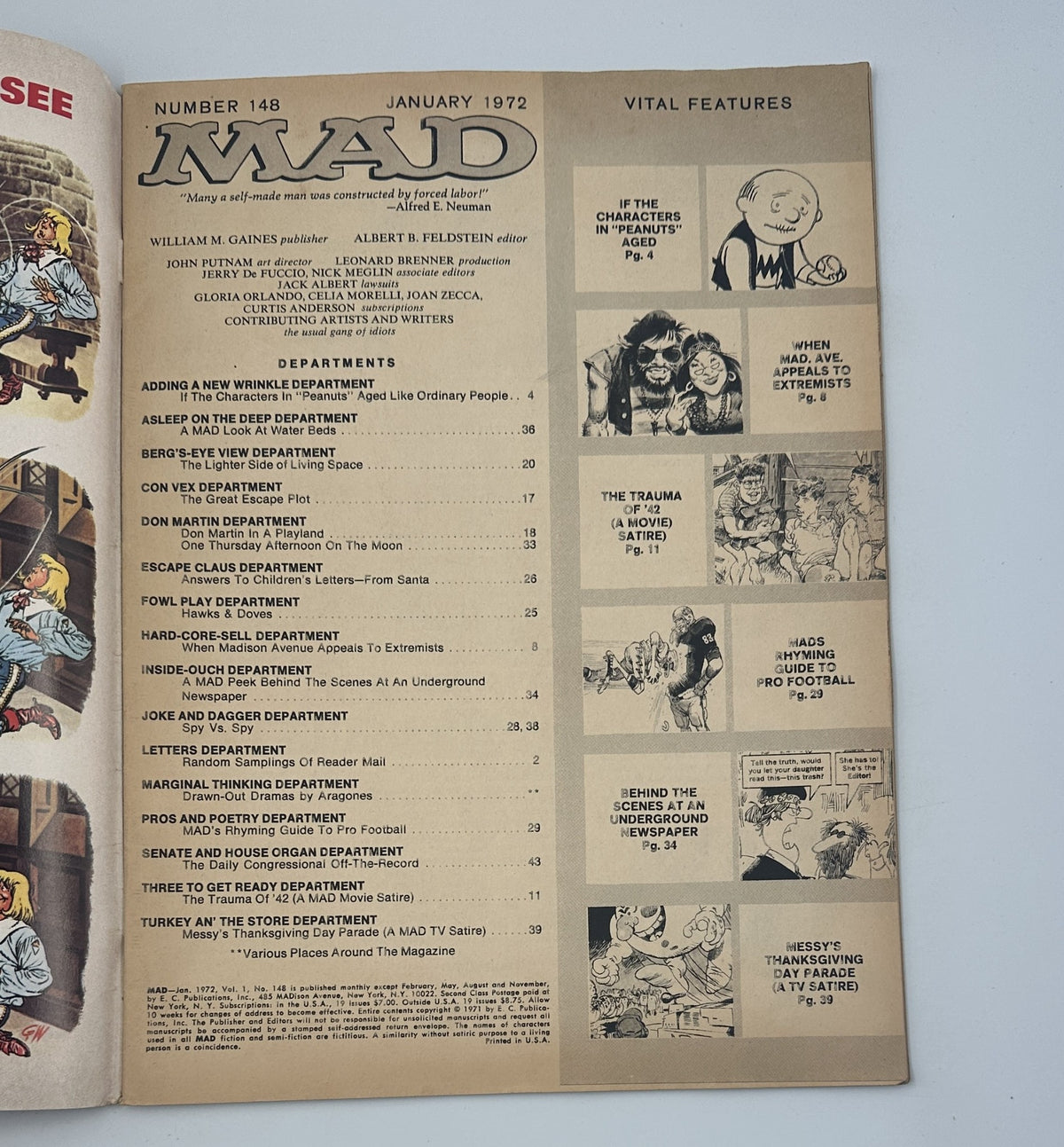 Interior page of MAD Magazine No. 148 January 1972, showcasing the Table of Contents with various humorous department titles and illustrations.