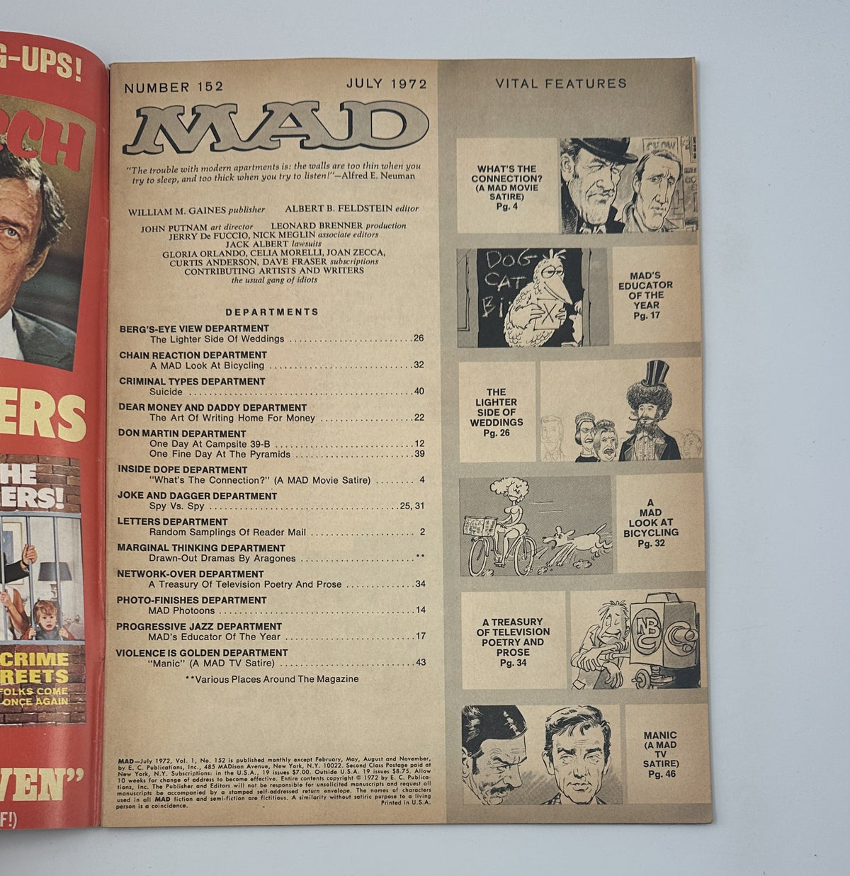 Interior page of MAD Magazine No. 152 from July 1972 displaying the Table of Contents with sections like 'Berg's-Eye View' and 'Chain Reaction,' showcasing the variety of comedic content included.