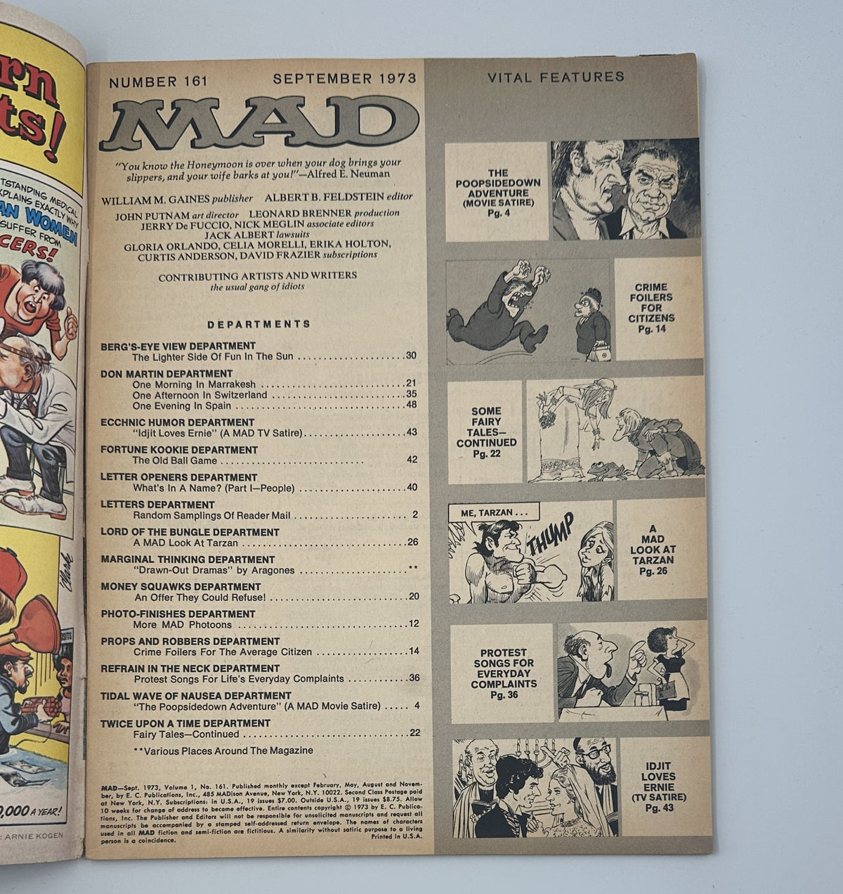 MAD Magazine No. 161, September 1973, featuring the Table of Contents for the issue, including segments like 'The Poopsidedown Adventure' and 'A MAD Look At Tarzan.' The magazine is graded Fine (FN 6.0) and includes various humor departments.
