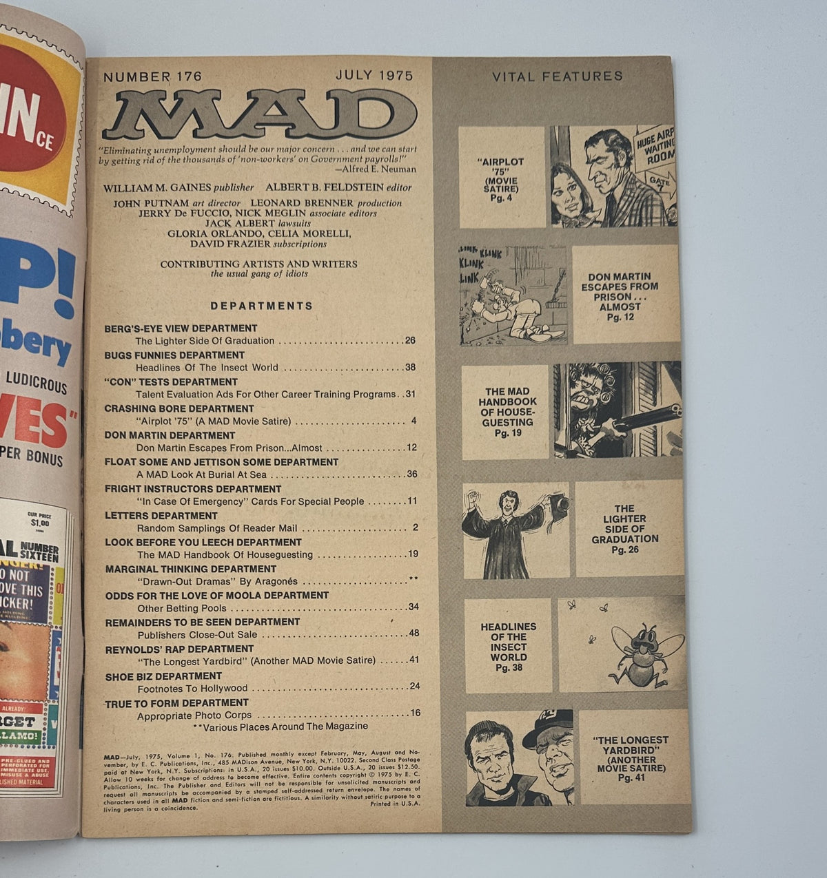 Inside page of MAD Magazine No. 176 July 1975 displaying the Table of Contents, highlighting features like 'Airplot' and 'The Longest Yardbird'.
