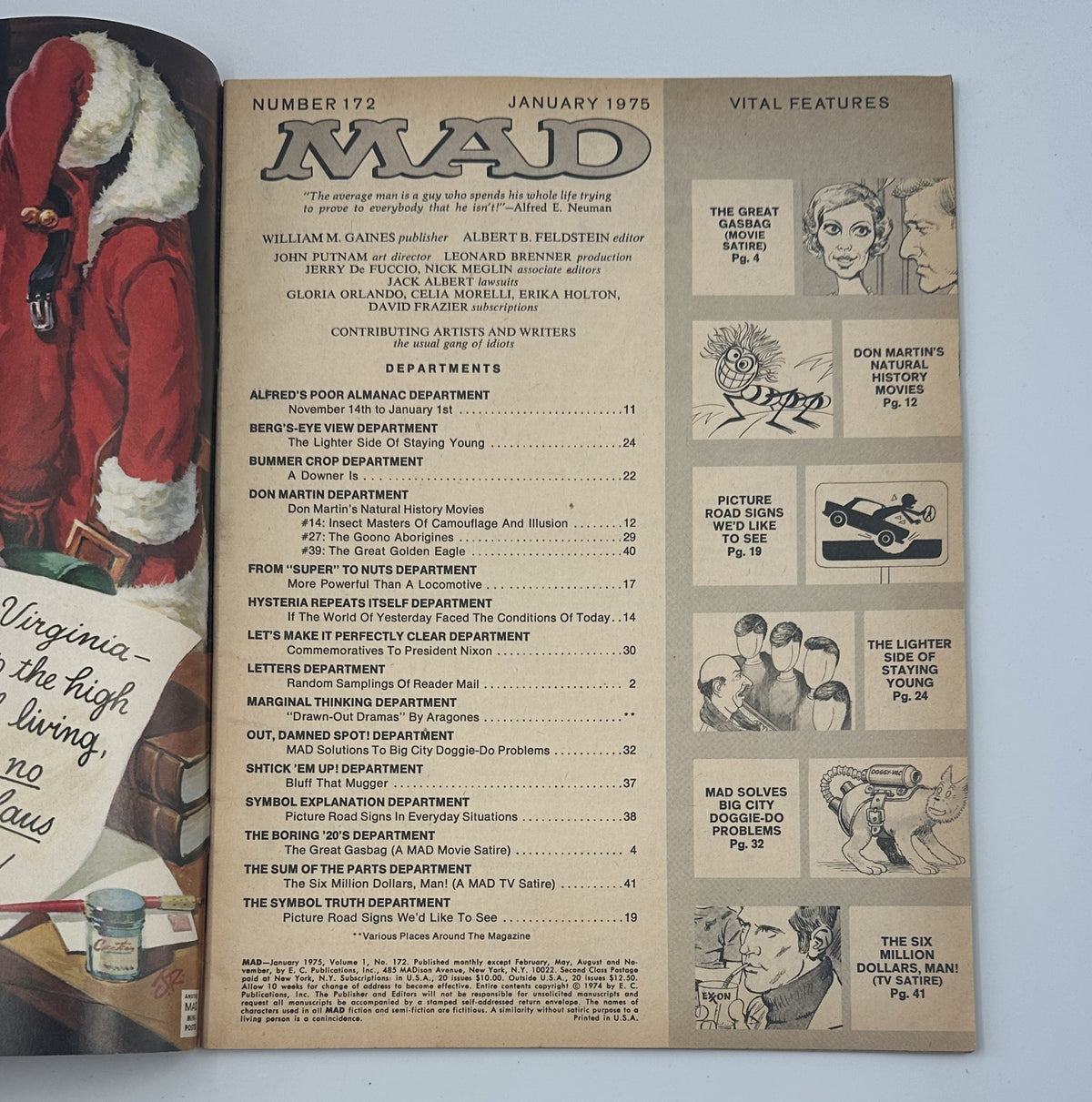 Inside page of MAD Magazine No. 172 January 1975 listing the contents and vital features, including segments like The Great Gasbag and Don Martin's work.